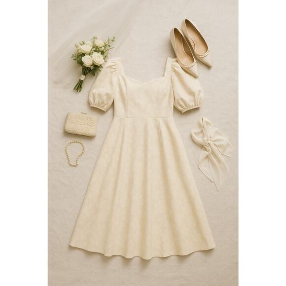 Vintage 80s Wedding Dress Sweetheart Neck Puff Sleeve Jacquard Ivory Sz 22 - Picture 2 of 12